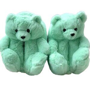 GREEN TEDDY BEAR PLUSH SLIPPERS